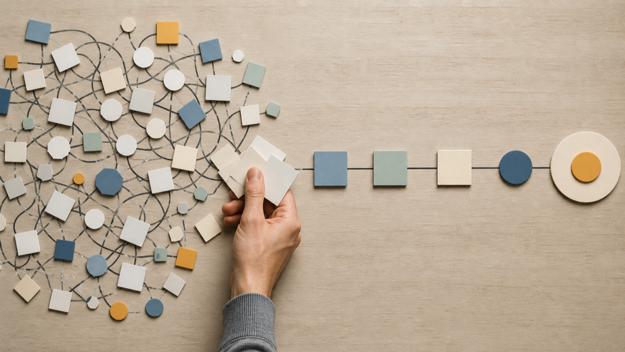 Entrepreneur simplifying a tangled sales funnel diagram into one clear path