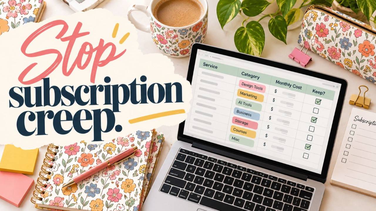Creative workspace with floral surface pattern designs by Amanda Grace Design, a laptop displaying a subscription expense spreadsheet, and the headline “Stop subscription creep.”
