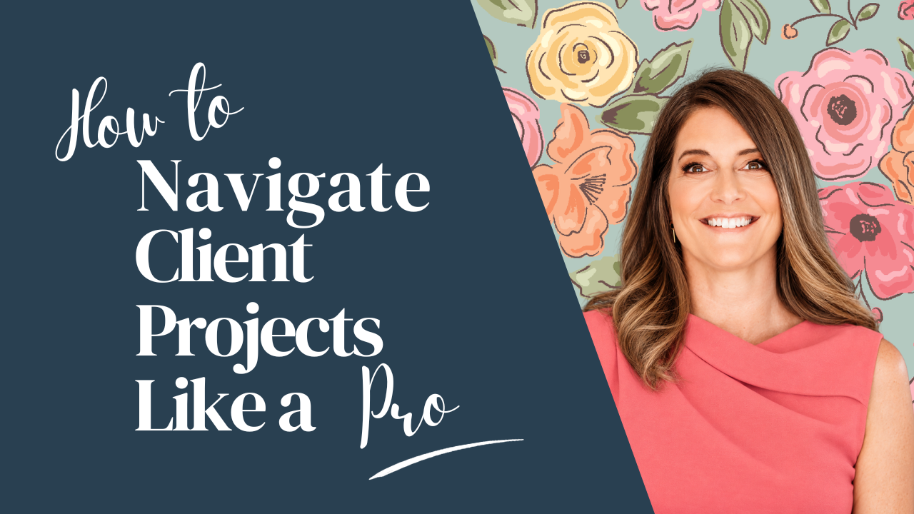 Smiling surface pattern designer standing behind a floral blackdrop next to the words "How to navigate client projects like a pro."