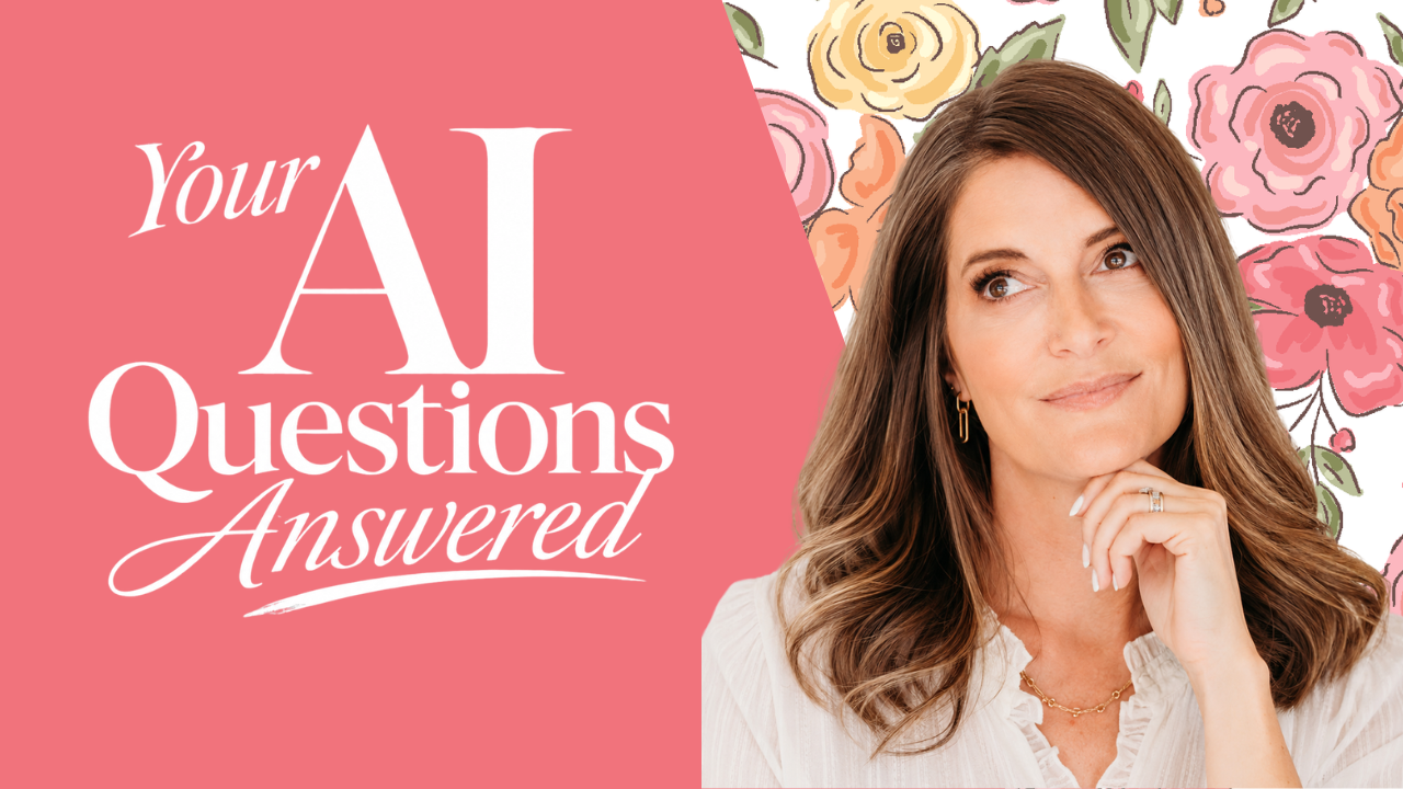 Surface pattern designer looking thoughtful beside “Your AI Questions Answered” text on a coral pink background with floral pattern design.
