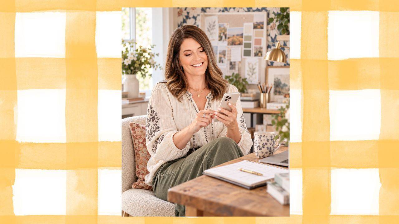 Surface pattern designer checking her phone at her studio desk with a coffee and open planner, taking a break during a busy fall workday.