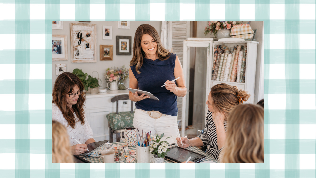 Image of a surface pattern designer coaching client portfolios over a light blue gingham repeat pattern background.