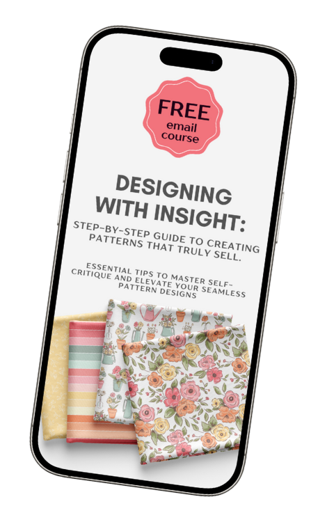 Flat lay of iPad with surface pattern in progress and hand-drawn color palette, promoting a free 5-day email course on designing intentional patterns