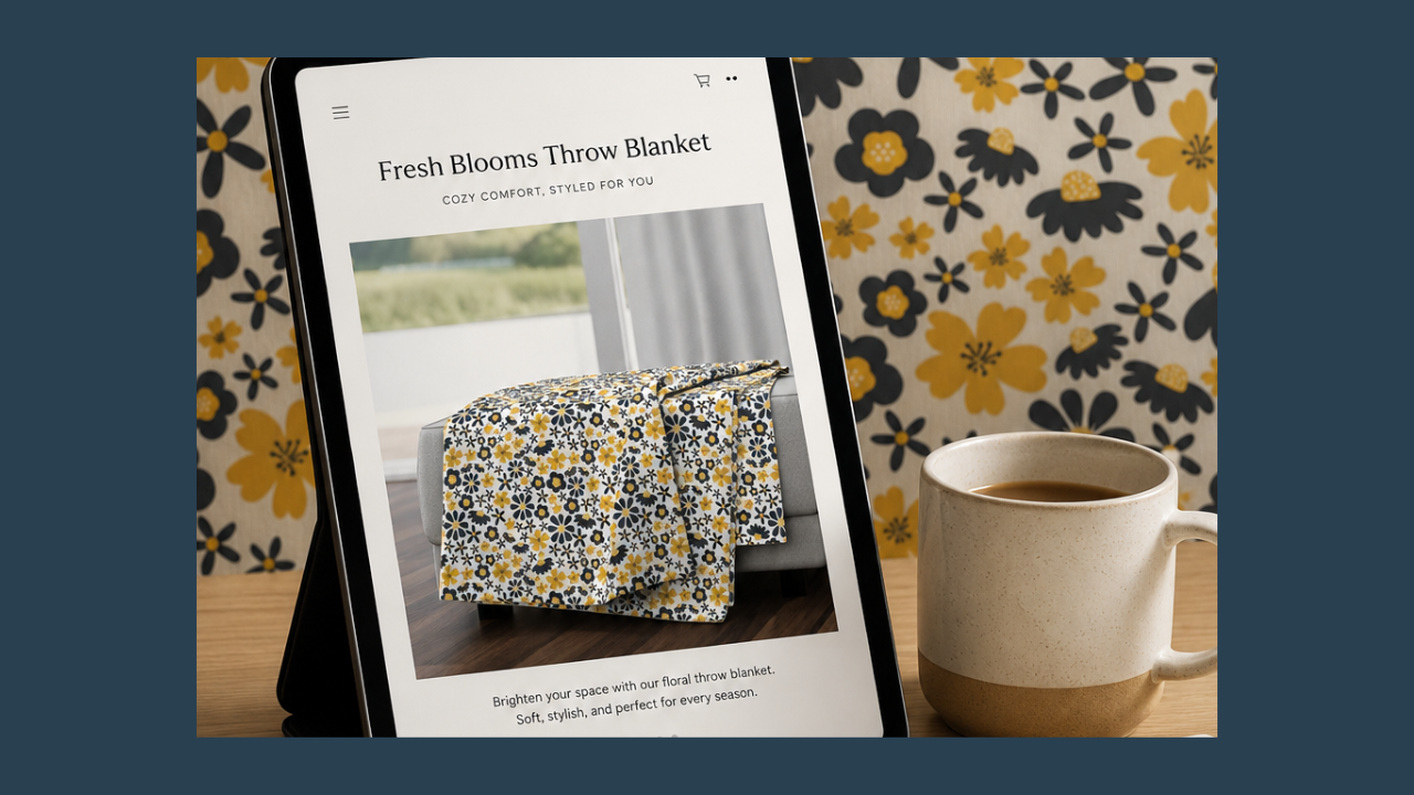 Floral throw blanket mockup on tablet with matching surface pattern design in the background, styled with coffee mug for Spoonflower product marketing.