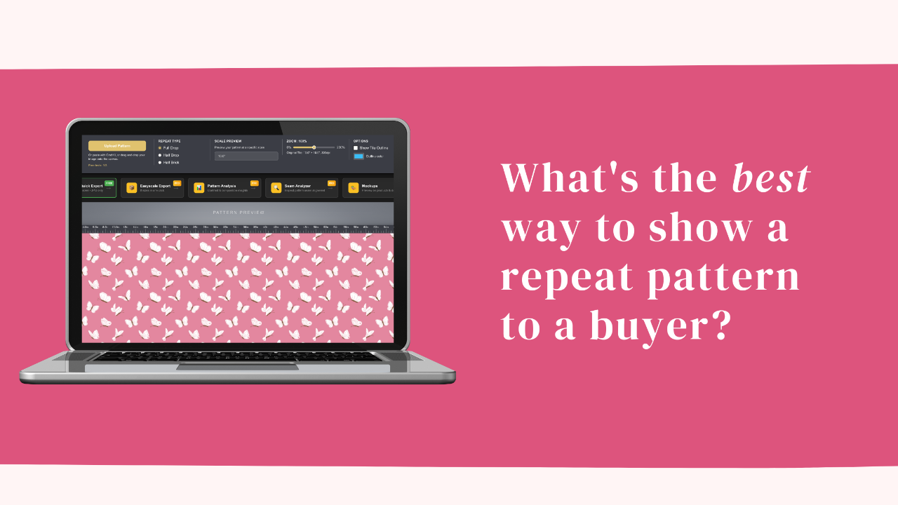 A laptop displaying PatternPAL pattern tester with a pink and white butterfly repeat pattern on the screen. To the right, bold white text on a pink background reads, "What's the best way to show a repeat pattern to a buyer?"