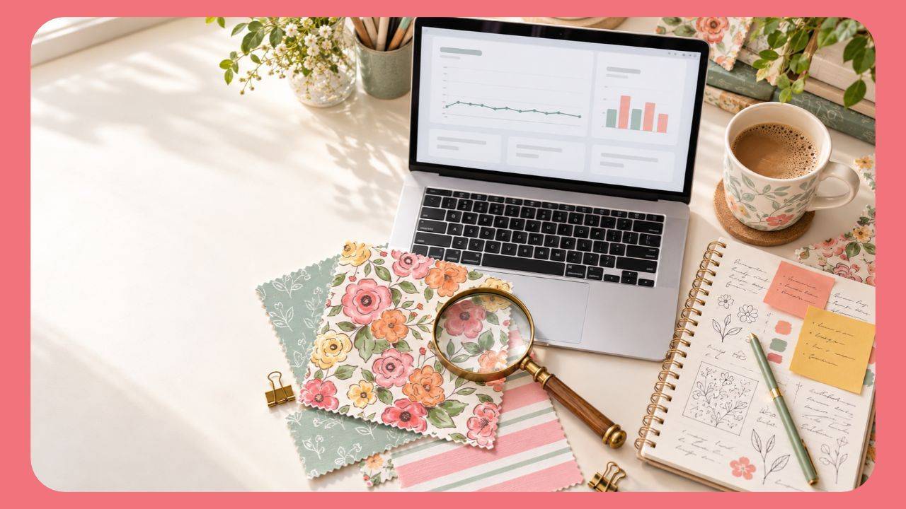 Surface pattern designer's desk with a laptop showing shop analytics, a magnifying glass over a floral pattern swatch, fabric samples, sticky notes, and a cup of coffee.