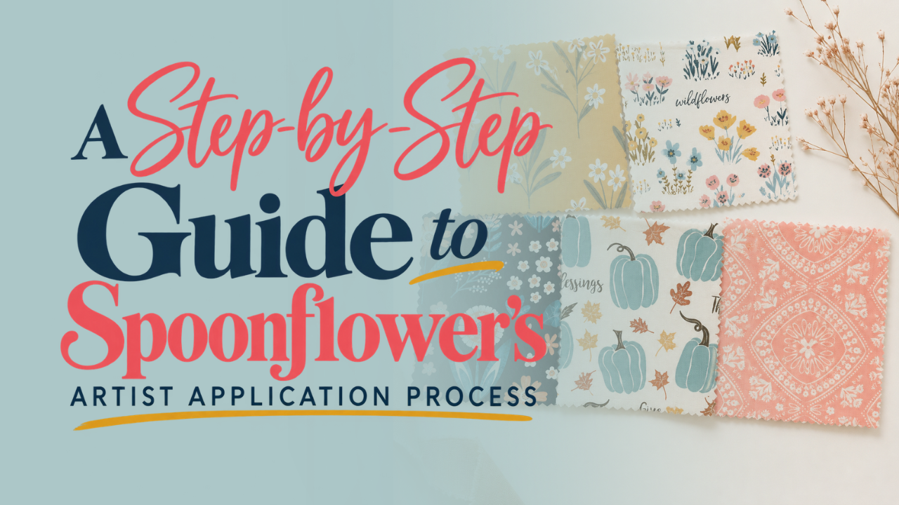 Spoonflower Artist Application Process guide graphic featuring five surface pattern design fabric swatches in floral, botanical, and seasonal prints, with editorial text reading “A Step-by-Step Guide to Spoonflower’s Artist Application Process.”