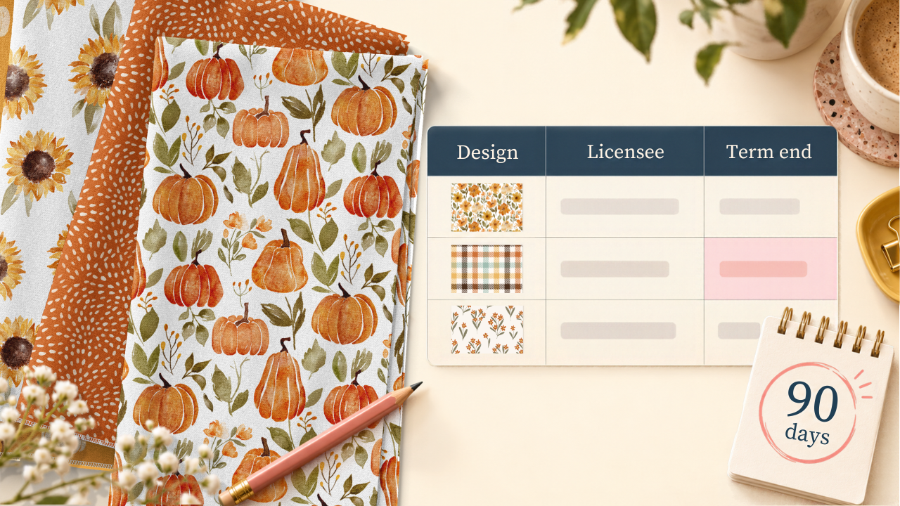 Pattern swatches beside an art licensing deal tracker with an upcoming license end date highlighted.