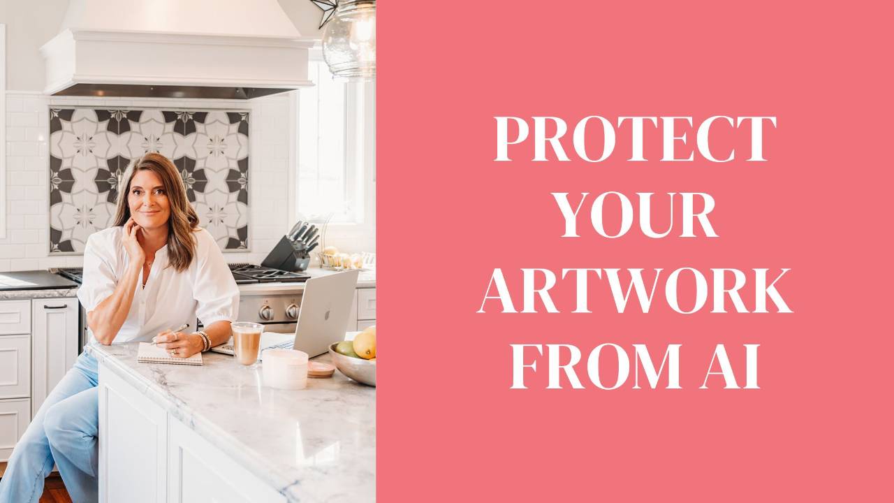 Mandy Corcoran at a kitchen counter with a laptop and notebook beside the text "Protect Your Artwork From AI