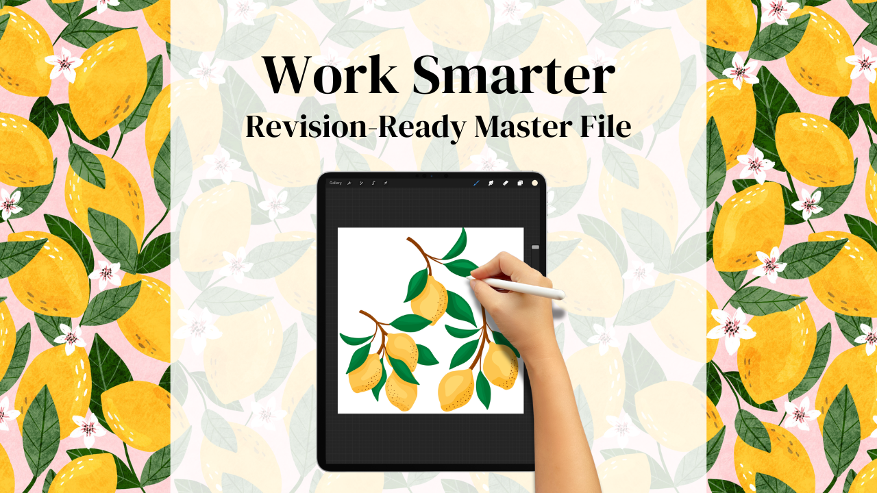 iPad with Apple Pencil illustrating a lemon branch pattern for a revision-ready master file, surrounded by a seamless lemon and floral surface pattern design