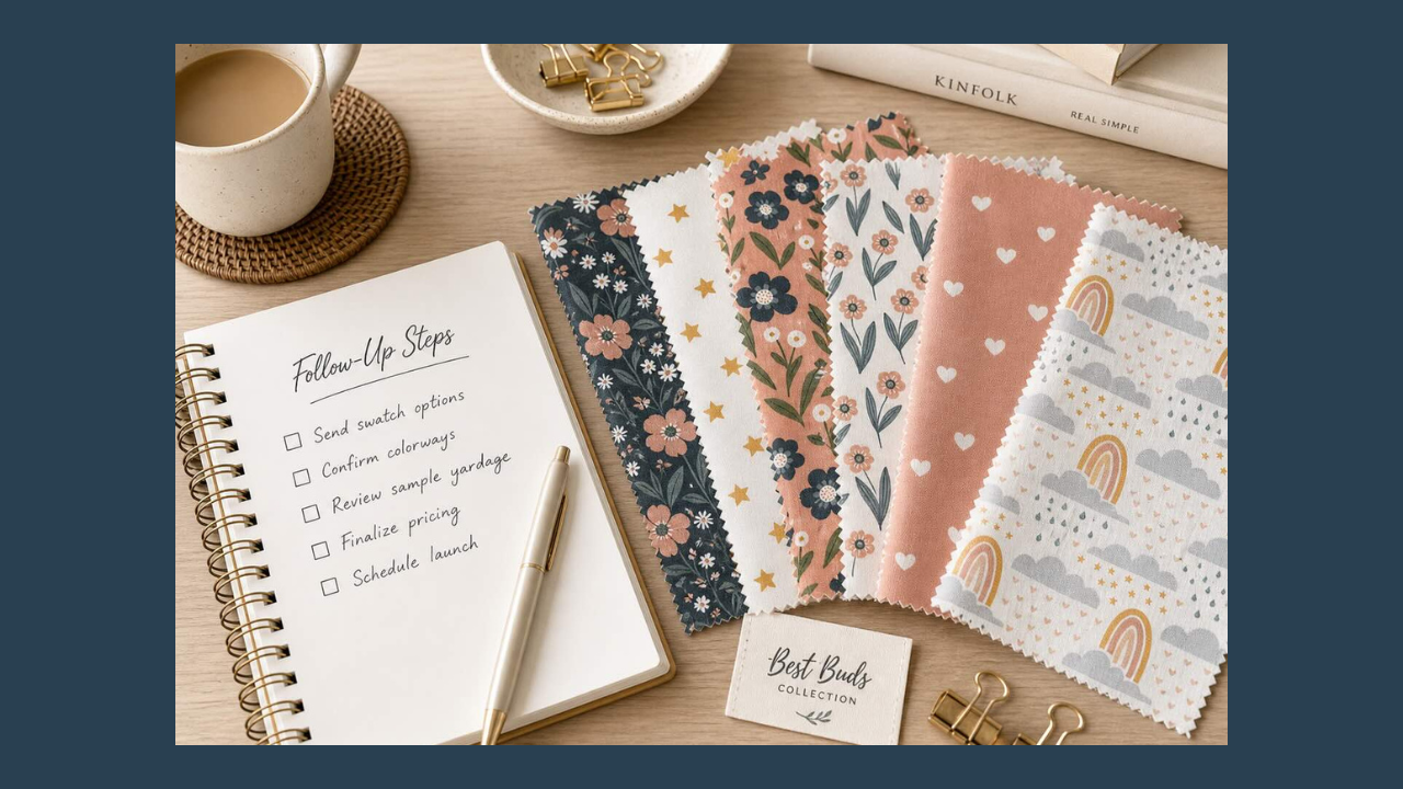 Spoonflower fabric swatches from the Best Buds Collection displayed on a styled desk with a checklist notebook — passive income tips for surface pattern designers in 2026.