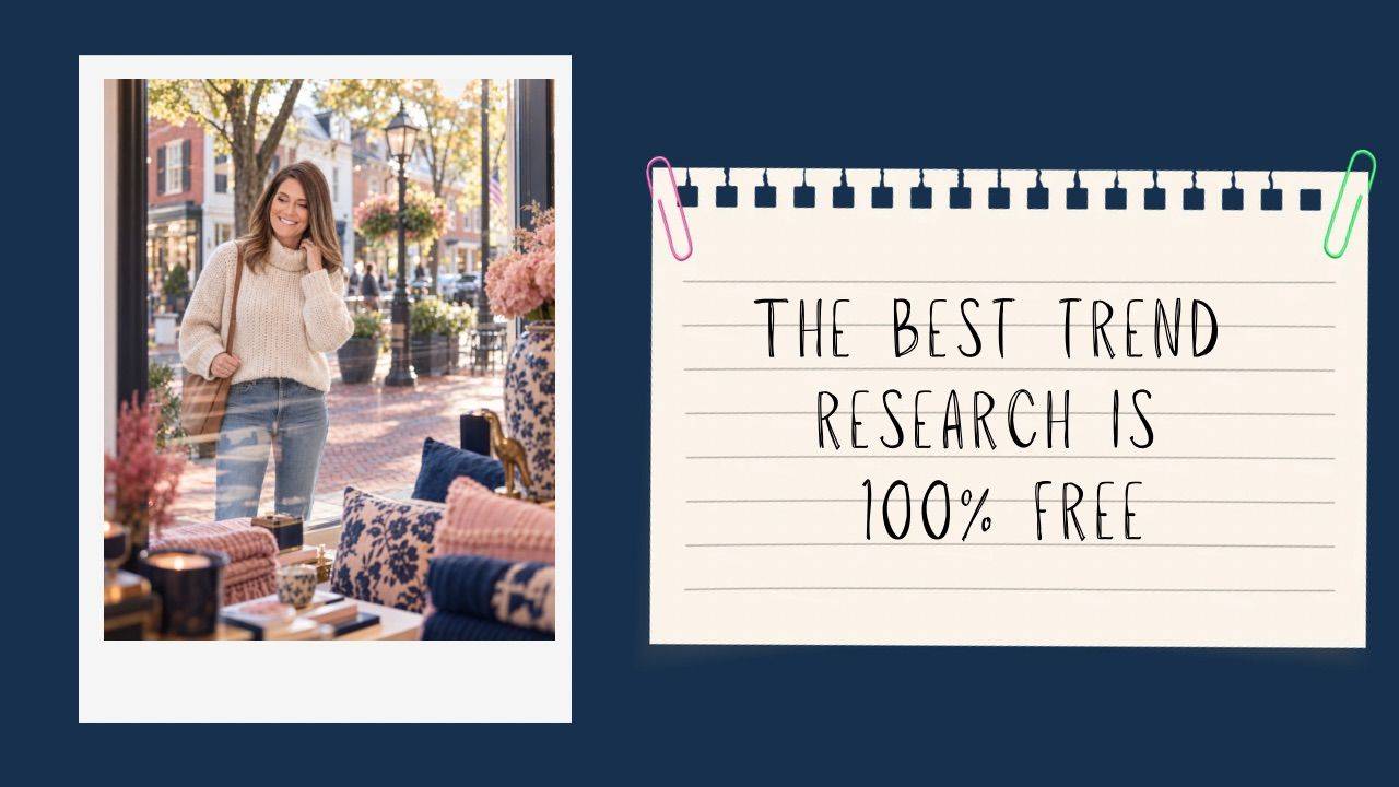 Pattern Designer researching trends for her trend brief while window shopping home goods with autumn leaves with the phrase The best trend research is 100% free.