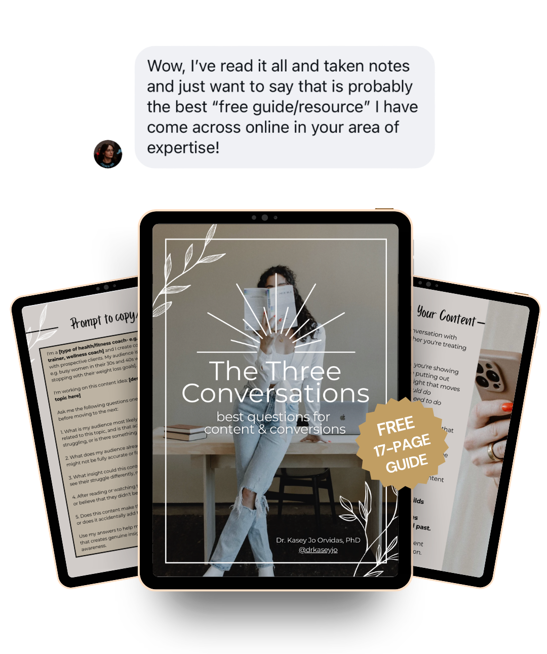 Free guide: The Three Conversations — behavior change questions for content and client conversations, by Dr. Kasey Jo Orvidas, PhD