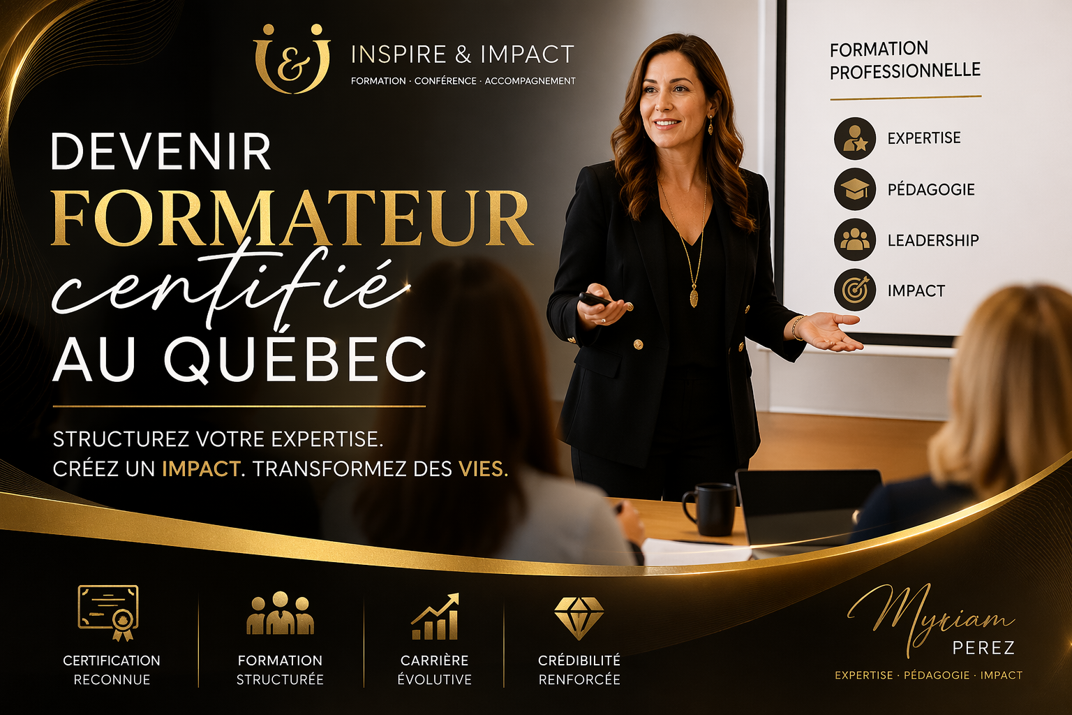 formateur certifié Québec animant une formation professionnelle en entreprise avec participants engagés
