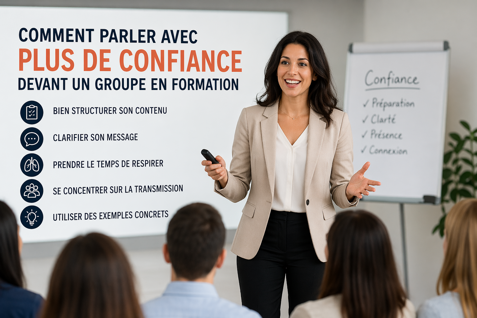 Formatrice parlant avec confiance devant un groupe en formation et expliquant un contenu clair et structuré