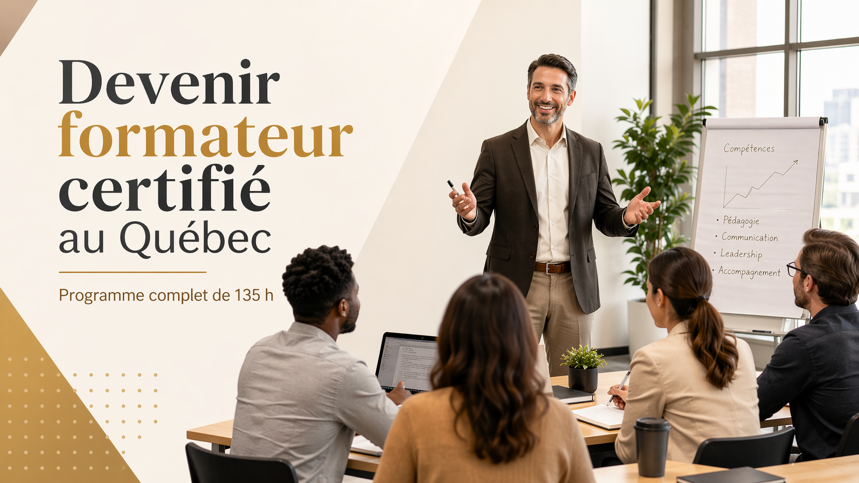 Devenir formateur certifié au Québec – programme complet de 135 heures en transmission des connaissances pour professionnels, avec formateur en salle devant un groupe en contexte corporatif