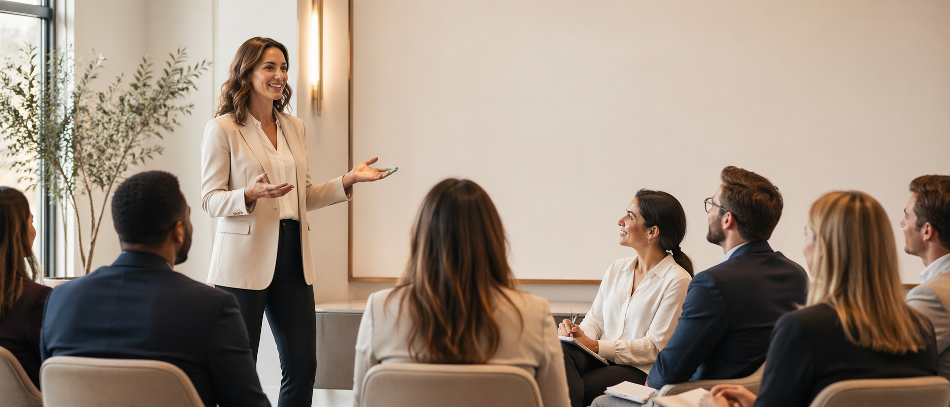 Formatrice animant une formation avec clarté devant un groupe attentif dans une salle moderne et professionnelle