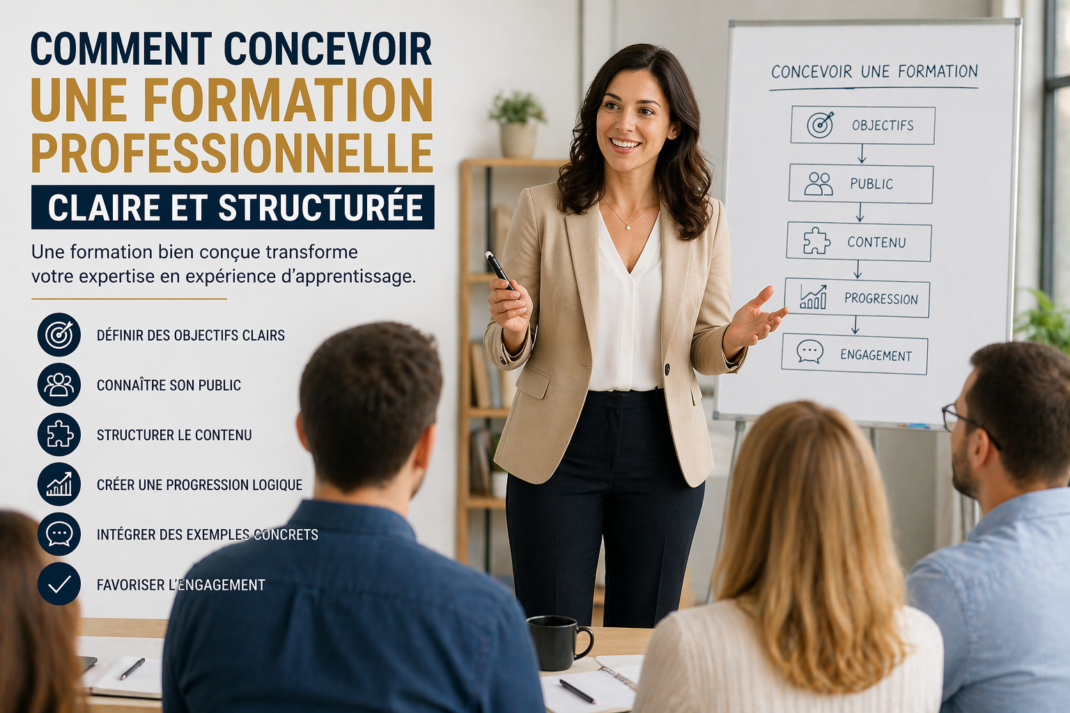 Formatrice présentant une formation structurée et claire devant un groupe de participants en formation professionnelle