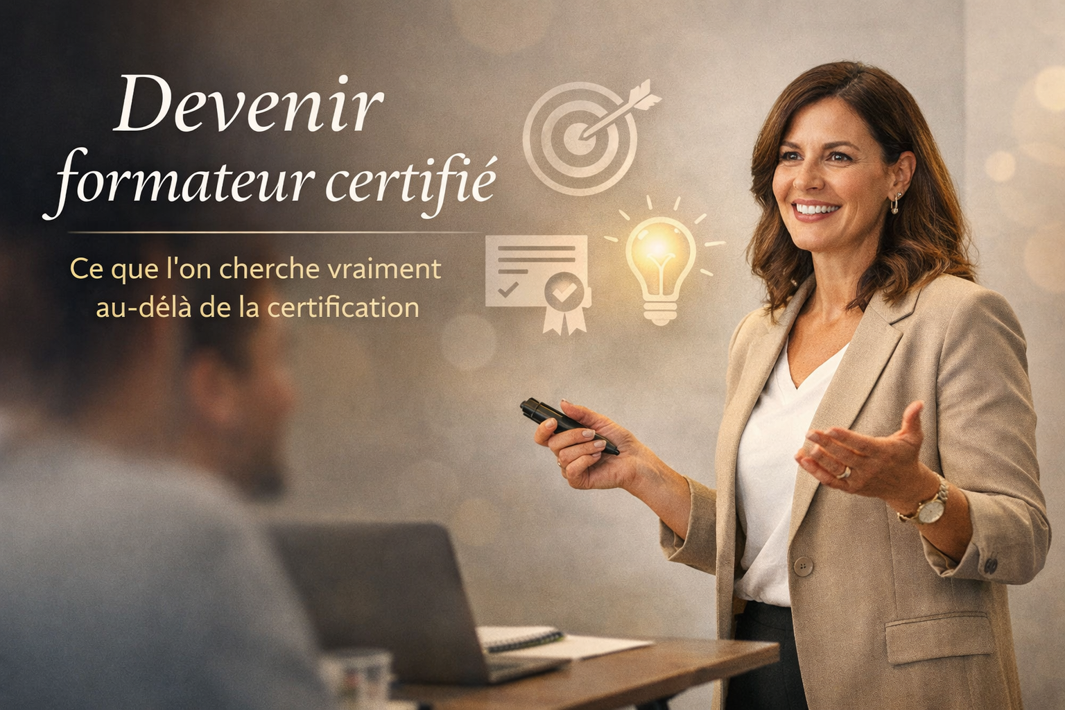 Devenir formateur certifié au Québec, image d’une formatrice professionnelle présentant une formation en entreprise.