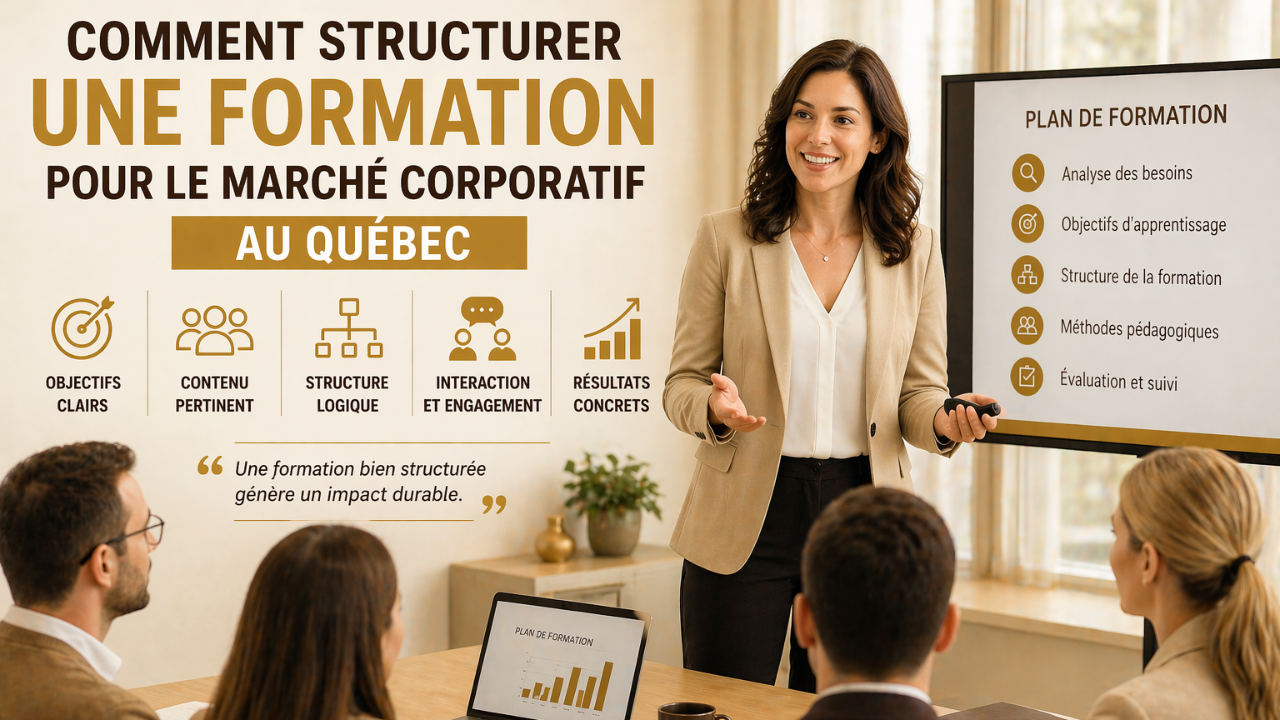 Formatrice expliquant comment structurer une formation pour le marché corporatif au Québec devant un groupe en entreprise