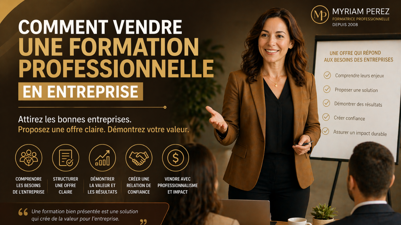 Formatrice présentant une offre de formation professionnelle à une entreprise lors d’une rencontre corporative