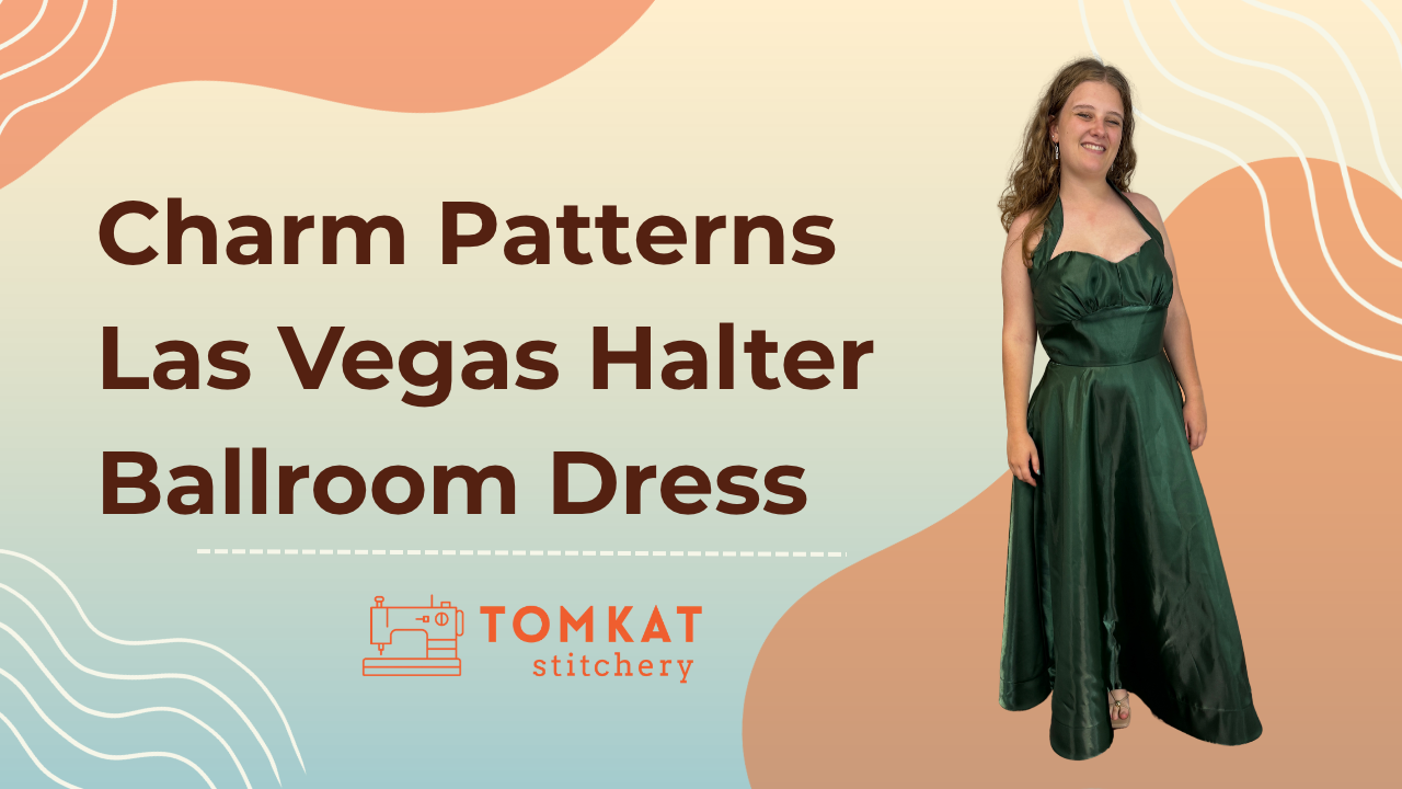 TomKat Stitchery Young woman wearing a forrest green ballroom gown made with  Charmed Patterns Las Vegas Halter Sewing Pattern 