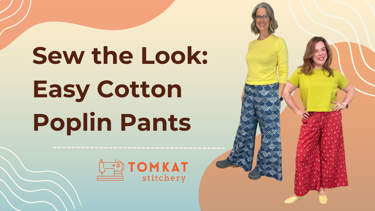 Two women wearing cotton poplin pants made with indian block print fabric