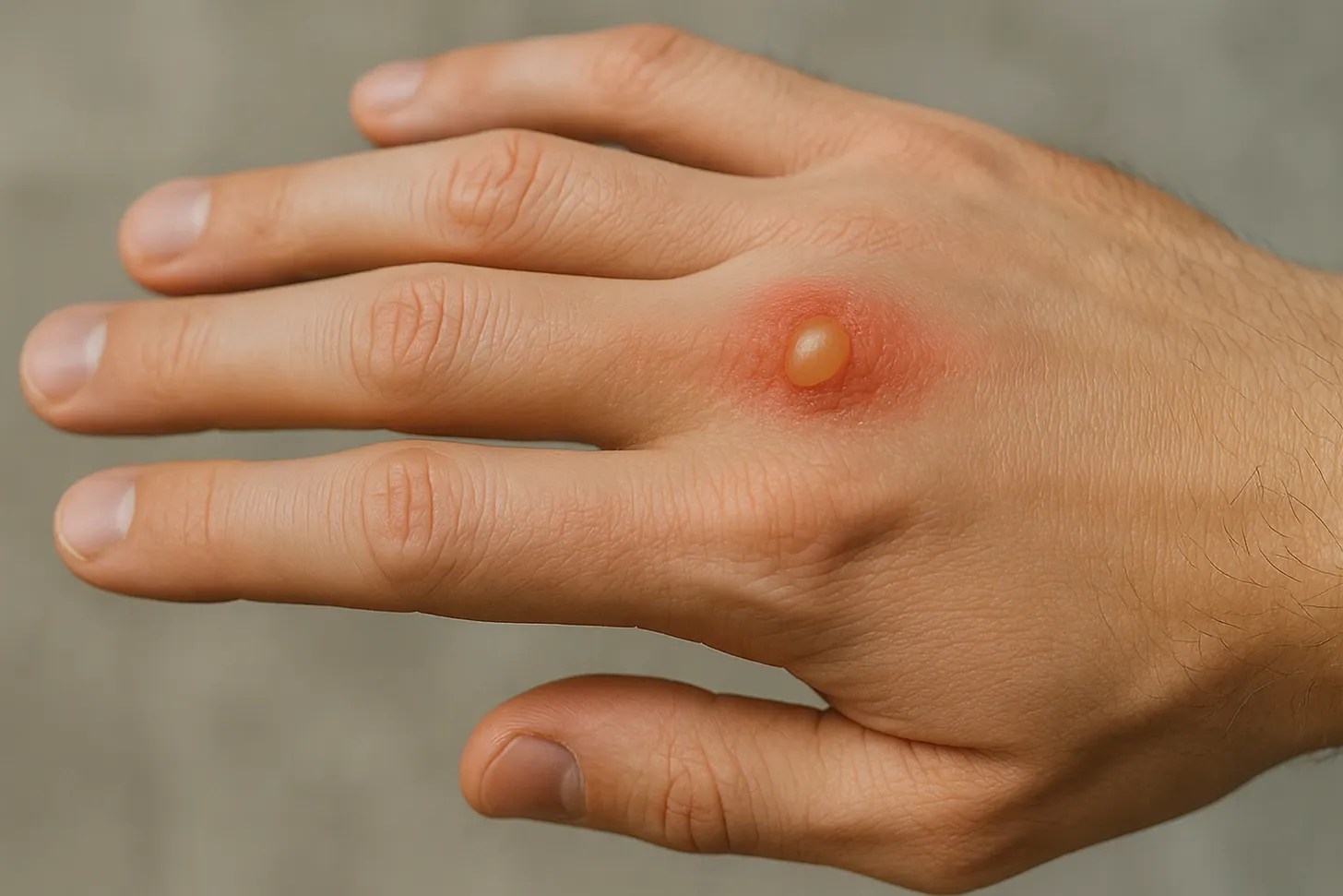 An AI-rendered burn on a hand AI’s best rendering of a burned knuckle. In real life, mine wasn’t nearly that bad.