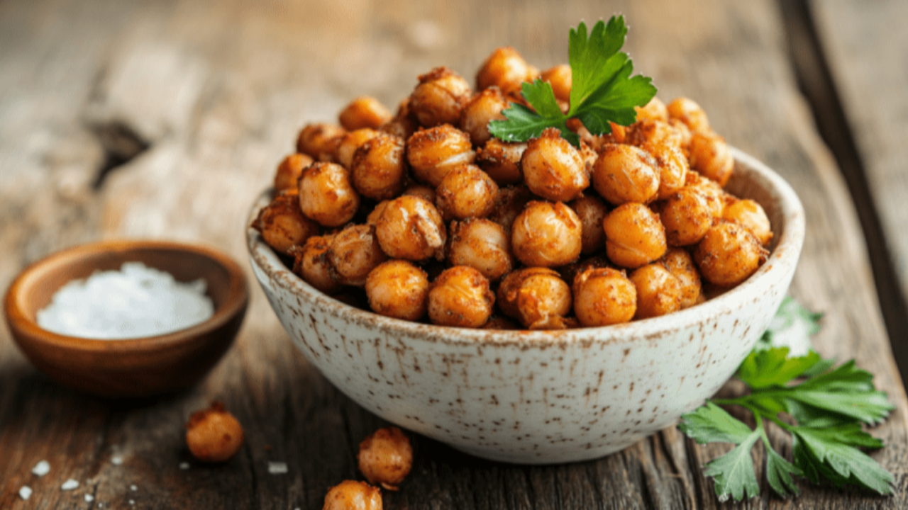 Crispy roasted garbanzo beans seasoned with red chili powder spread out flat on a metal rimmed baking sheet.