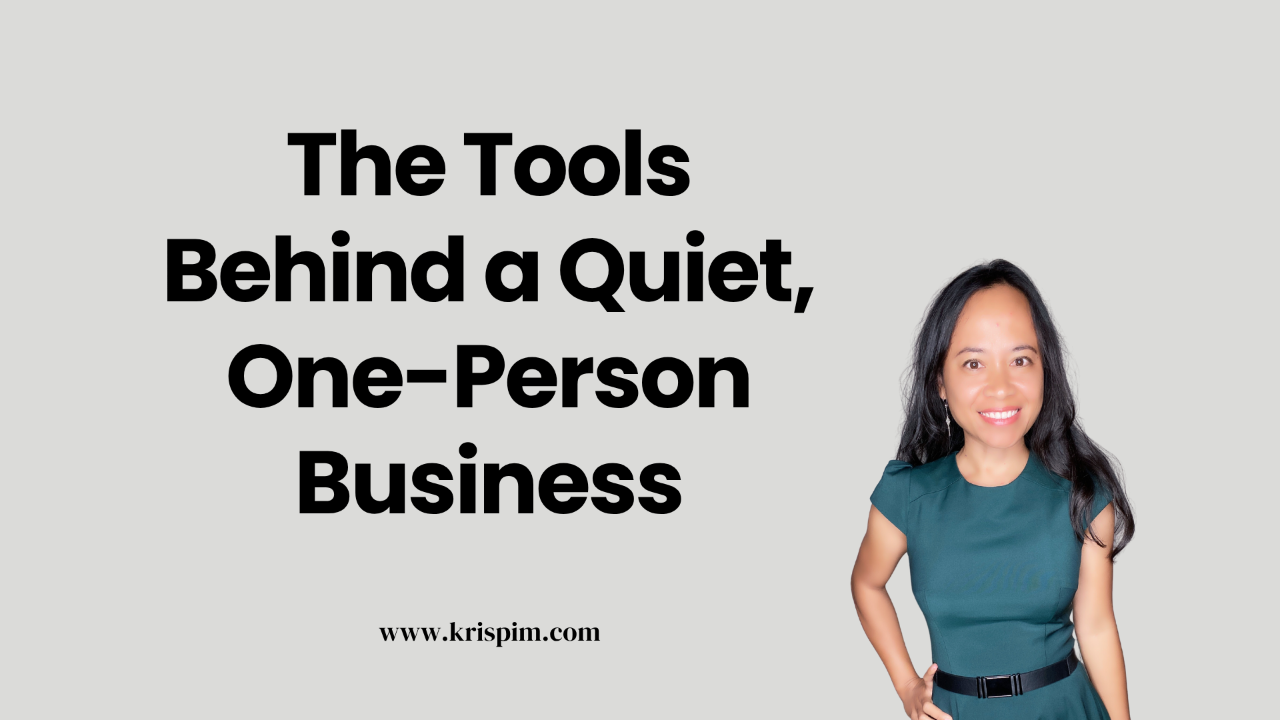 Kris Pim smiling, cover image for a post about the tools behind a quiet, one-person business