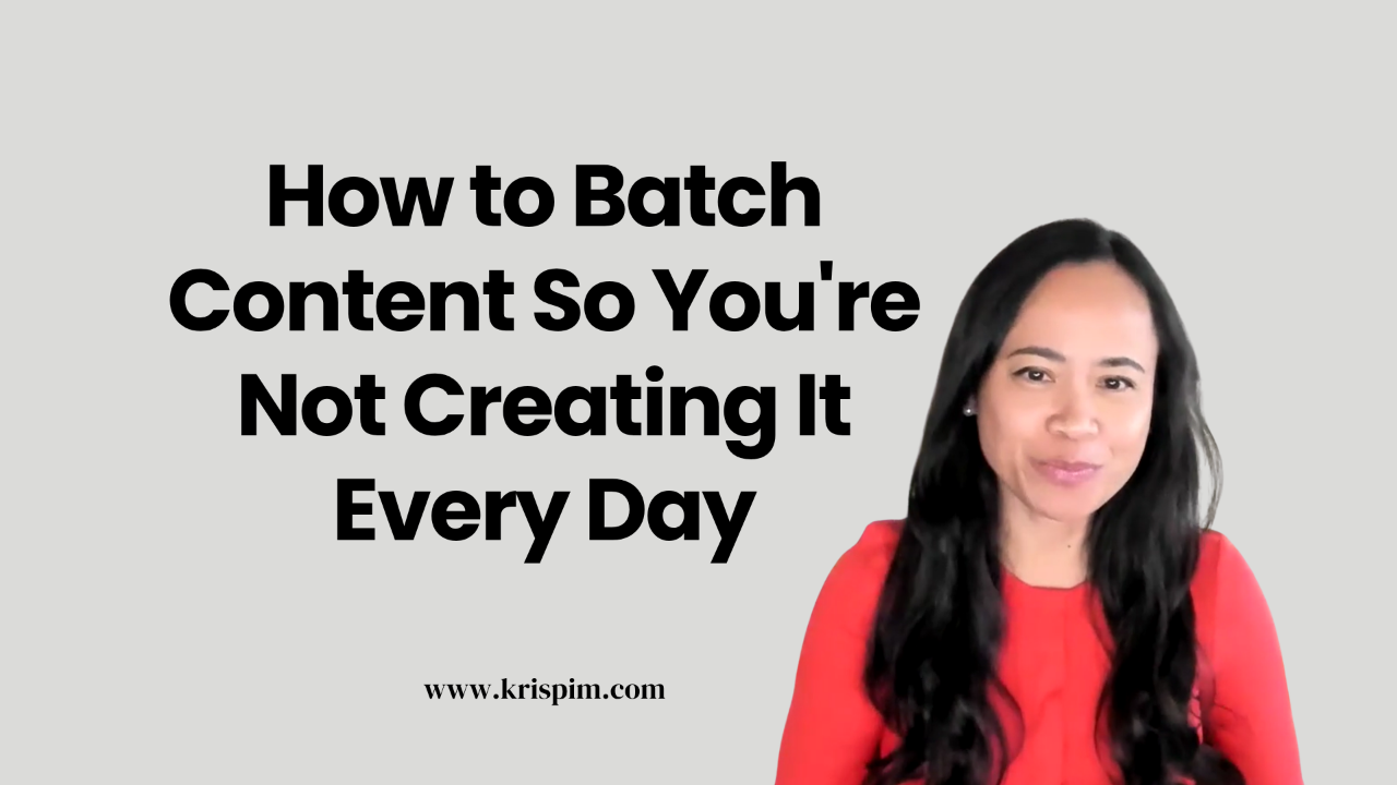 Kris Pim in business casual attire, cover image for a post about batching content