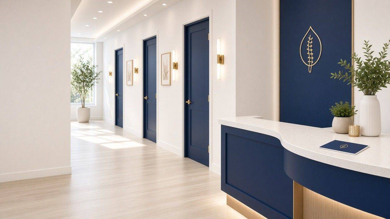 Bright modern clinic hallway with three navy treatment room doors and a front reception desk