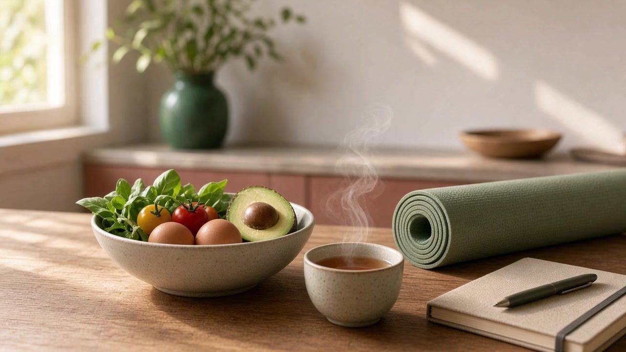 Kitchen table with a fresh salad bowl, a cup of tea, a yoga mat and a journal