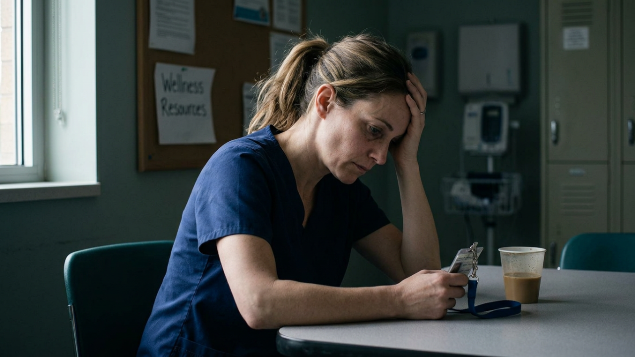 A healthcare worker in navy scrubs sits at a break room table, head resting on one hand, looking exhausted while holding her ID badge.