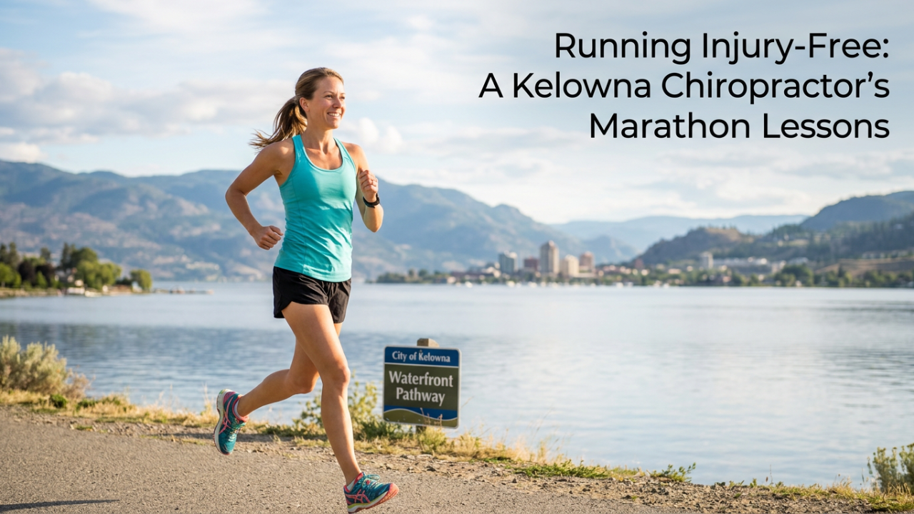 Woman running on Kelowna's Waterfront Pathway along Okanagan Lake with mountains in the background