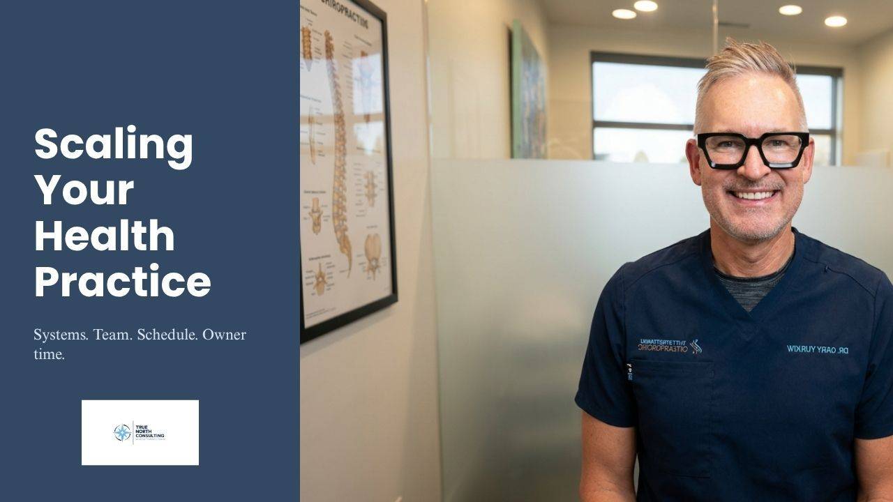 Dark blue graphic titled Scaling Your Health Practice with subtitle Systems. Team. Schedule. Owner time. beside a clinic photo of Dr. Cary Yurkiw.