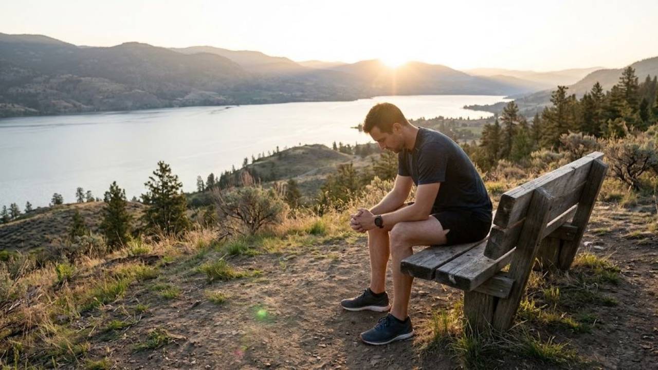 Man sitting on a bench praying overlooking a lake at sunset