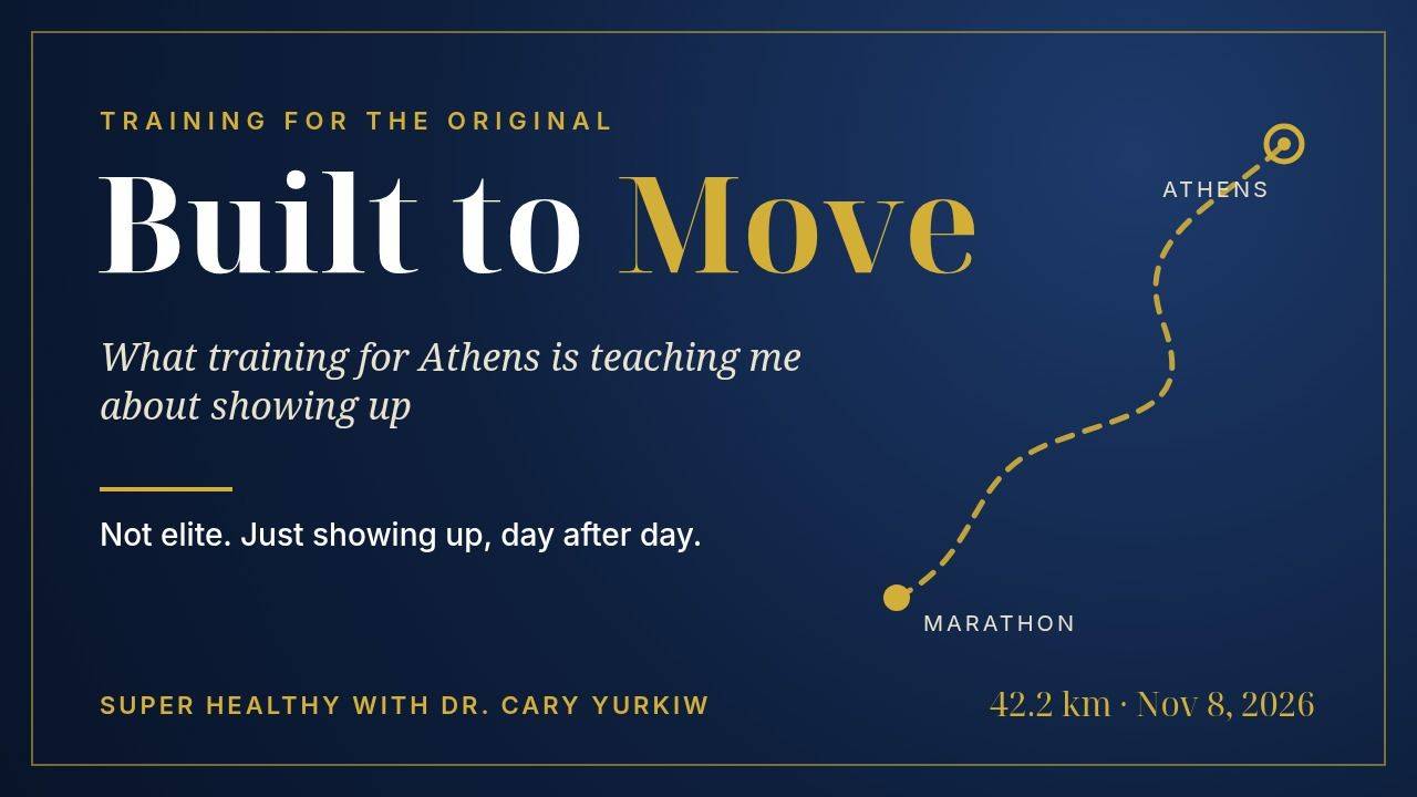 Navy and gold graphic with the title "Built to Move" and a stylized running route line from Marathon to Athens.