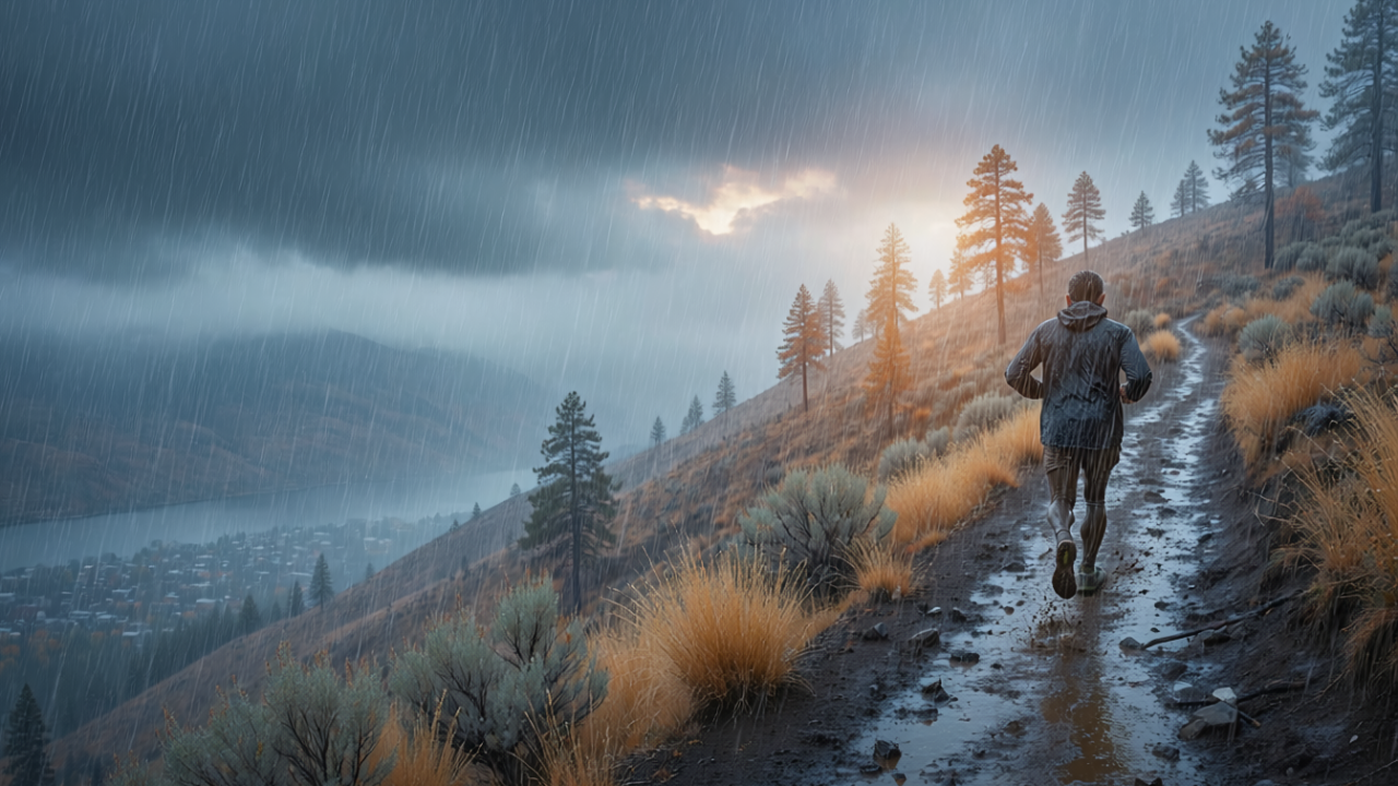 Lone runner in a soaked jacket climbing a muddy mountain trail in heavy rain, with golden grass, pines and a misty lake below