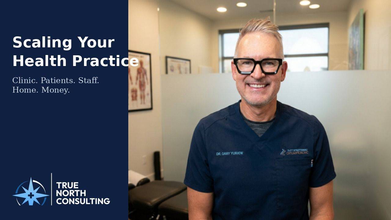 Navy True North panel reading Scaling Your Health Practice with Clinic, Patients, Staff, Home, Money beside a photo of Dr. Cary Yurkiw in clinic scrubs.