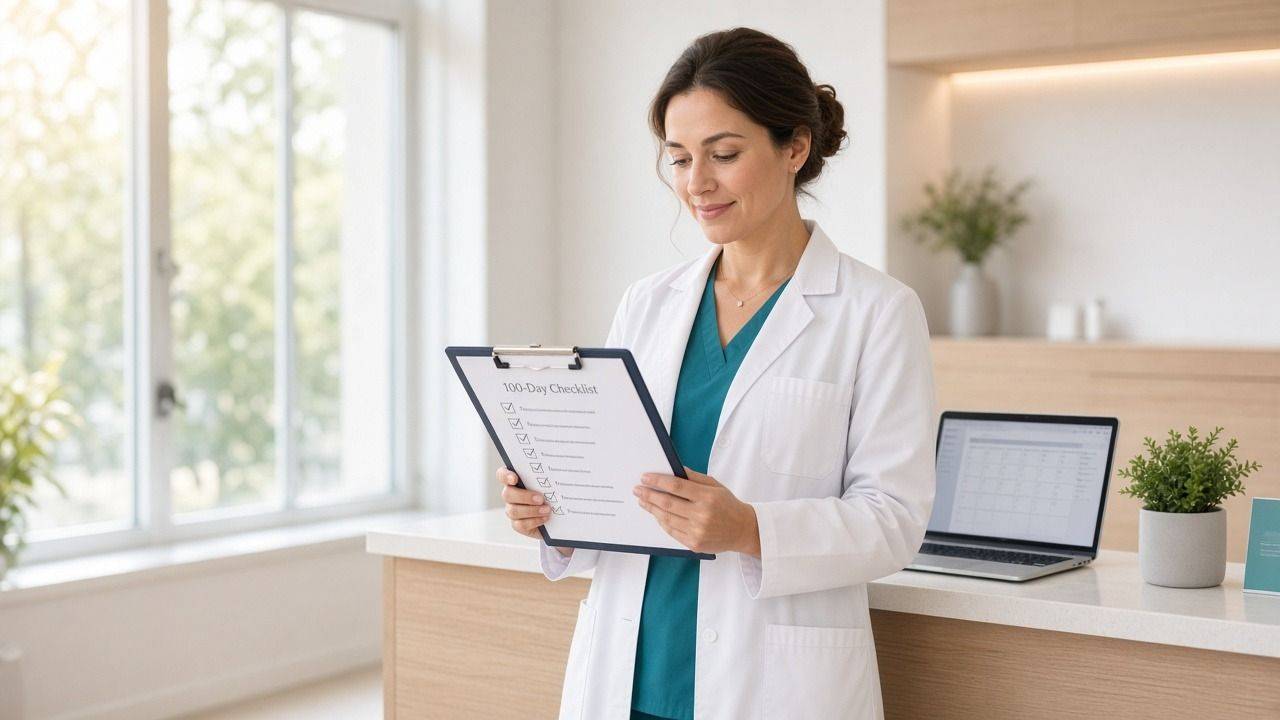 New clinic owner reviewing a first 100-day plan at the front desk with an empty appointment book nearby