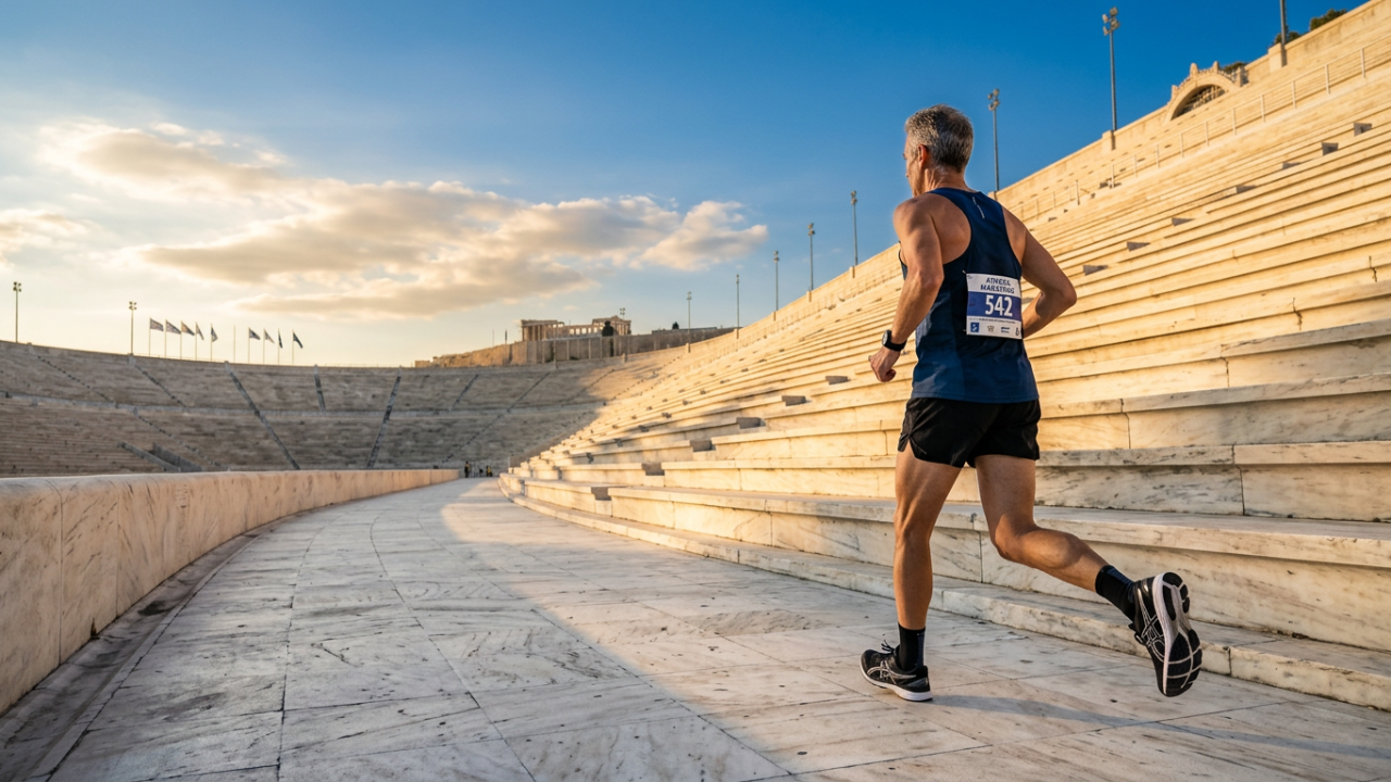 Marathon runner in his fifties running along the marble track of the Panathenaic Stadium in Athens at golden hour