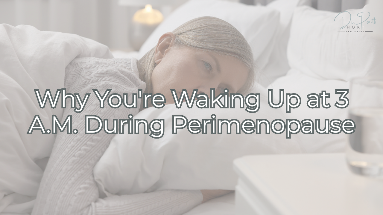 Woman awake at 3 a.m. during perimenopause due to cortisol and blood sugar imbalance.