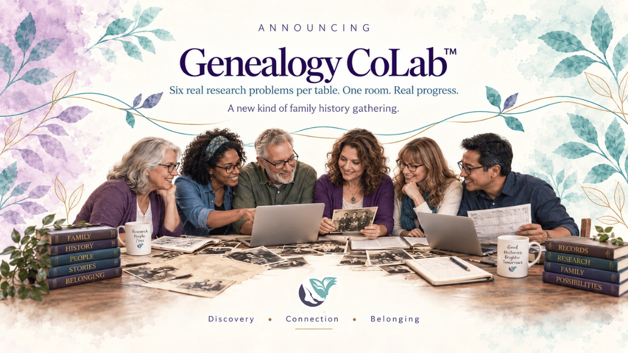 Announcing Genealogy CoLab™: six diverse researchers gathered around a table with laptops, photographs, and family history documents, with the tagline "Six real research problems per table. One room. Real progress."