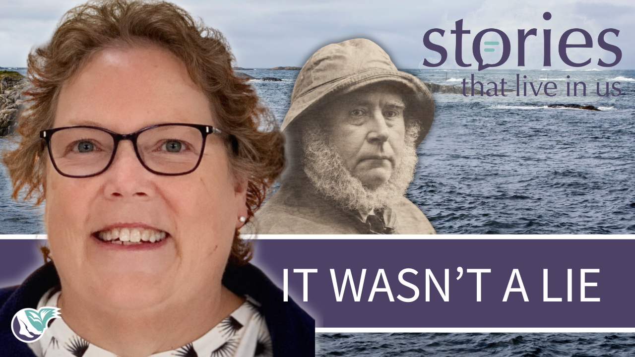 YouTube thumbnail for Stories That Live In Us featuring guest Rhonda Budge smiling on the left alongside a vintage sepia portrait of her Danish ancestor, a sea captain in a rain hat. Text overlay reads 'IT WASN'T A LIE' over an ocean water background.