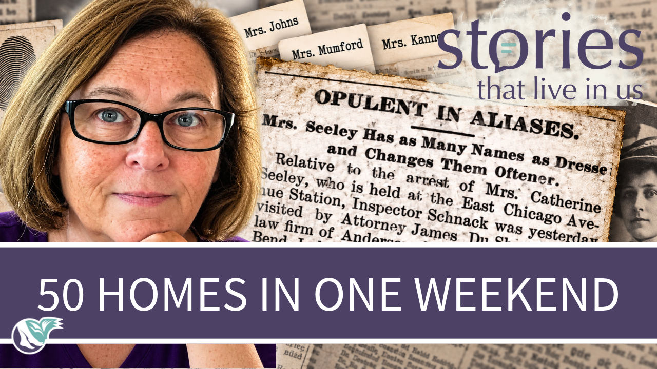 Author Deborah Holman pictured alongside historical newspaper headlines about Catherine Seeley and a banner reading '50 Homes in One Weekend' for Stories That Live In Us.