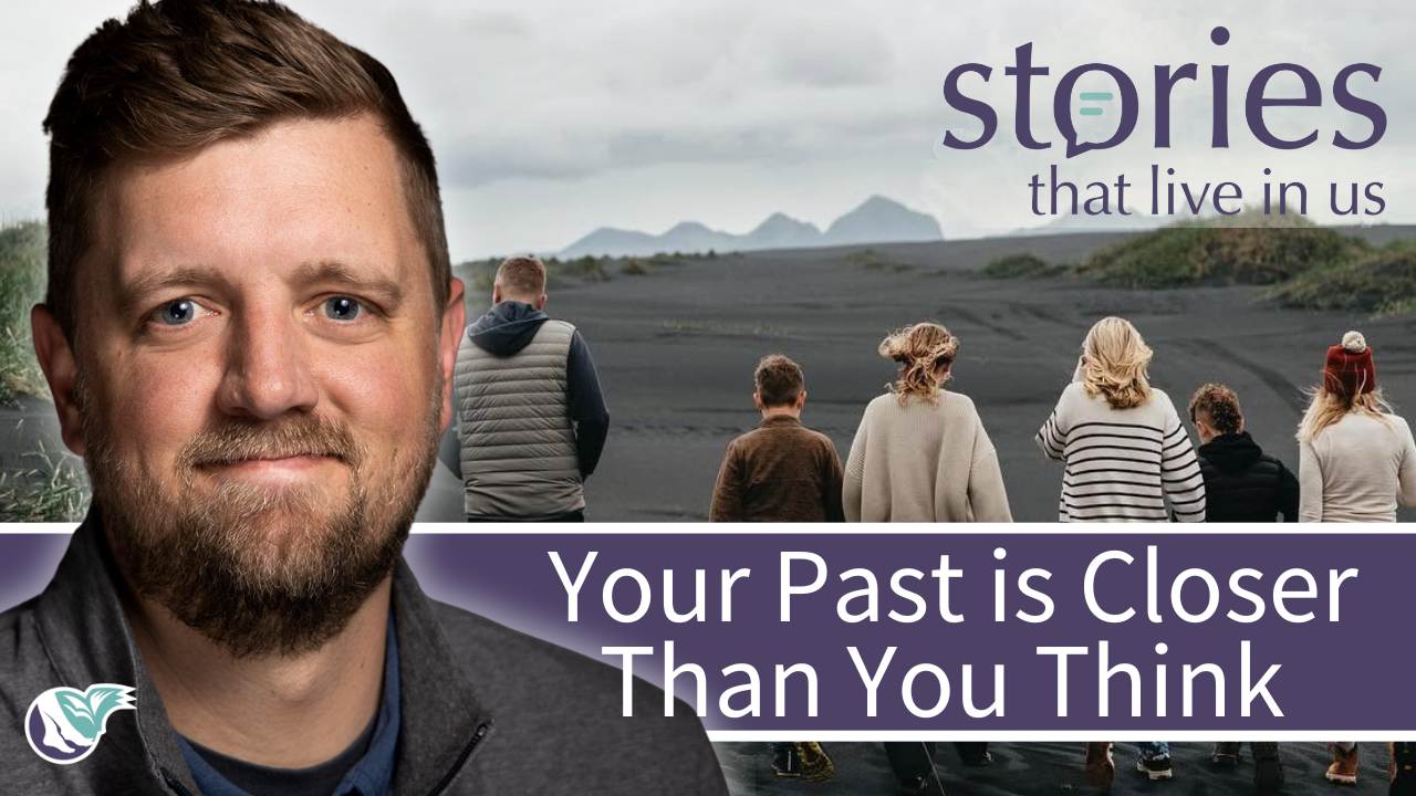 Graphic for Stories That Live In Us podcast episode 128. On the left is a portrait of guest Eric Allen. In the background, his family walks along a volcanic black sand beach in Iceland under a cloudy sky, with a purple banner reading 'Your Past is Closer Than You Think.'