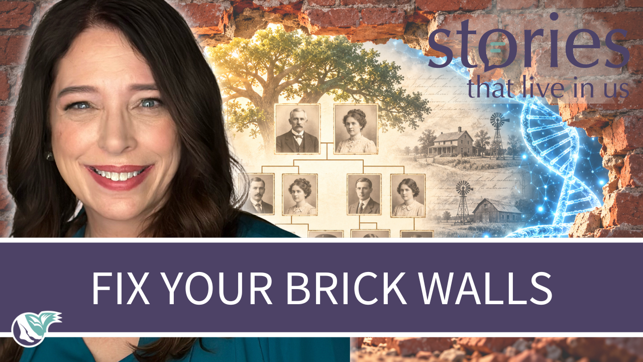 Lisa Elzey smiling on the left of a banner that reads 'FIX YOUR BRICK WALLS.' In the background, a crumbling brick wall opens to reveal a sunlit family tree, vintage ancestor portraits on a pedigree chart, a rural farmhouse, and a glowing blue DNA helix.
