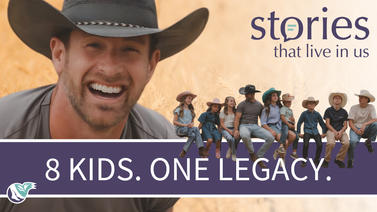 Bubba Page wearing a cowboy hat next to a photo of him sitting outdoors with his eight children, featuring the text '8 Kids. One Legacy.' for the Stories That Live In Us podcast.
