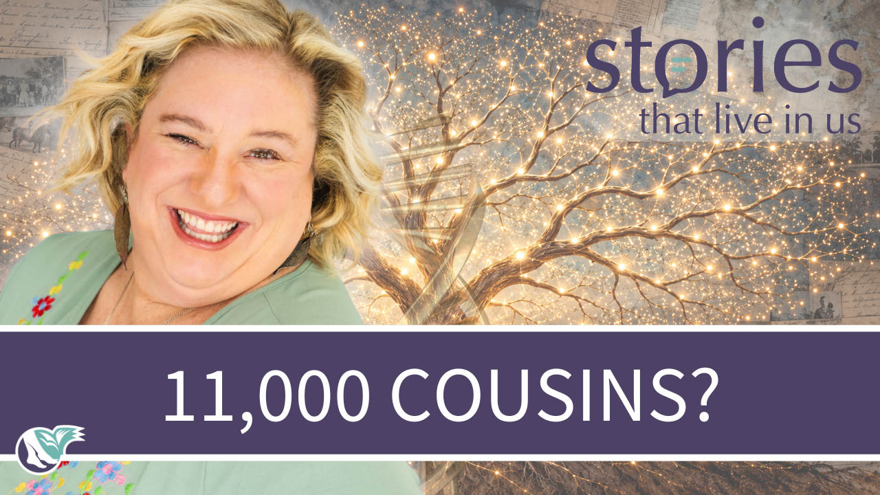 Crista Cowan laughing warmly next to a glowing tree of lights with an integrated DNA helix trunk, featuring a purple banner that reads "11000 Cousins?""
